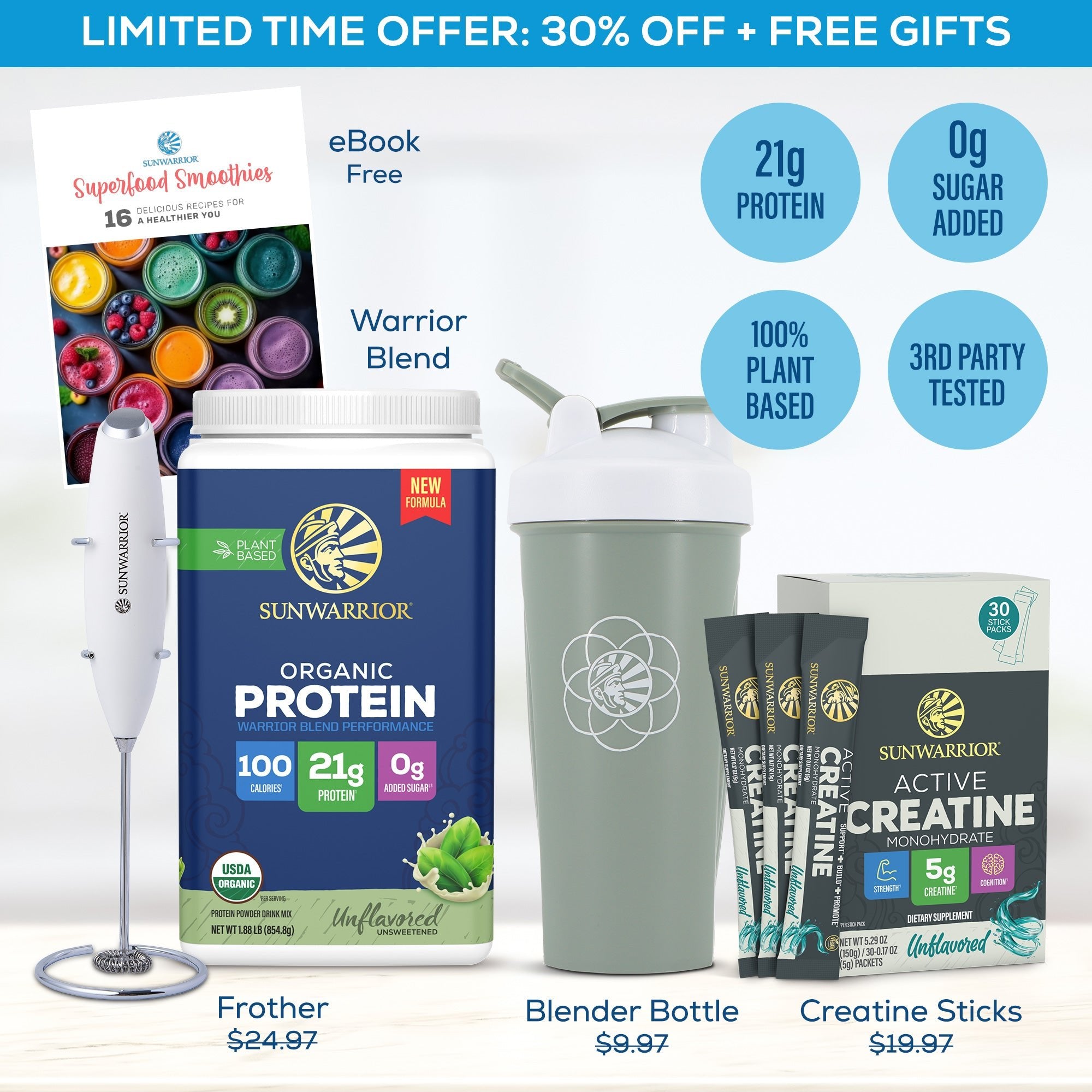 Free Welcome Kit - Creatine Sticks, Frother, Bottle, eBook Special Sunwarrior
