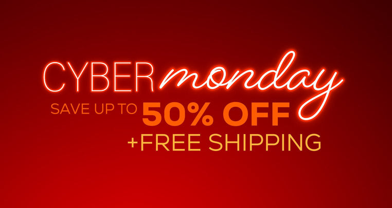 Cyber Monday sale advertisement with glowing text: Save up to 50% off + free shipping on a red background.
