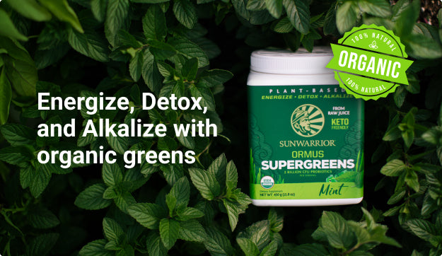 Container of Sunwarrior Ormus Supergreens Mint with text on leafy green background about organic greens benefits