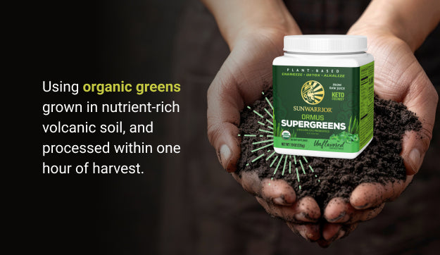 Hands holding dark soil with a green container of Sunwarrior Ormus Supergreens powder above text about organic greens.