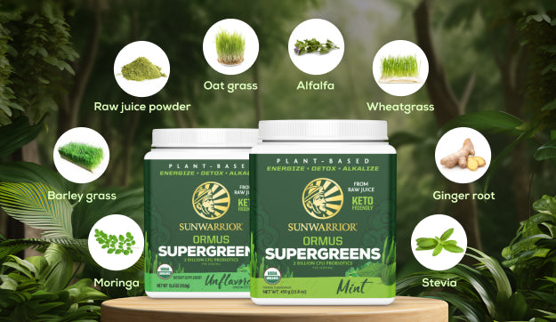 Two green Sunwarrior Ormus Supergreens containers surrounded by illustrations of ingredients on a leafy background
