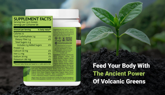 Container with supplement facts label next to a green plant growing from dark soil on a blurred background