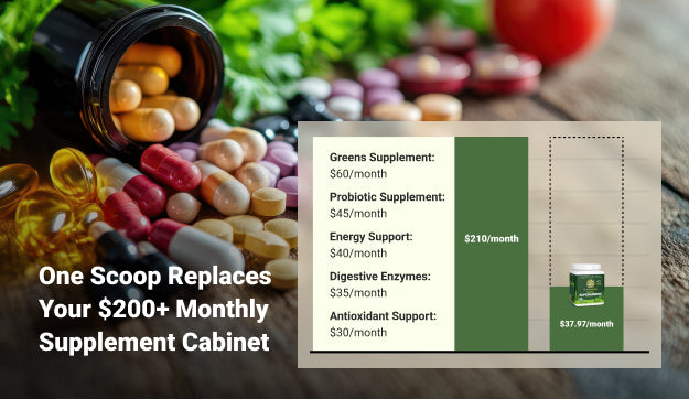 Close-up of various capsules and tablets with a chart comparing supplement costs per month.
