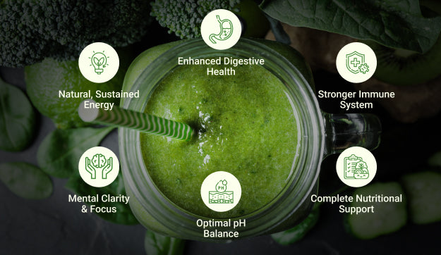 Top view of green smoothie with six icons listing health benefits around the glass jar and straw