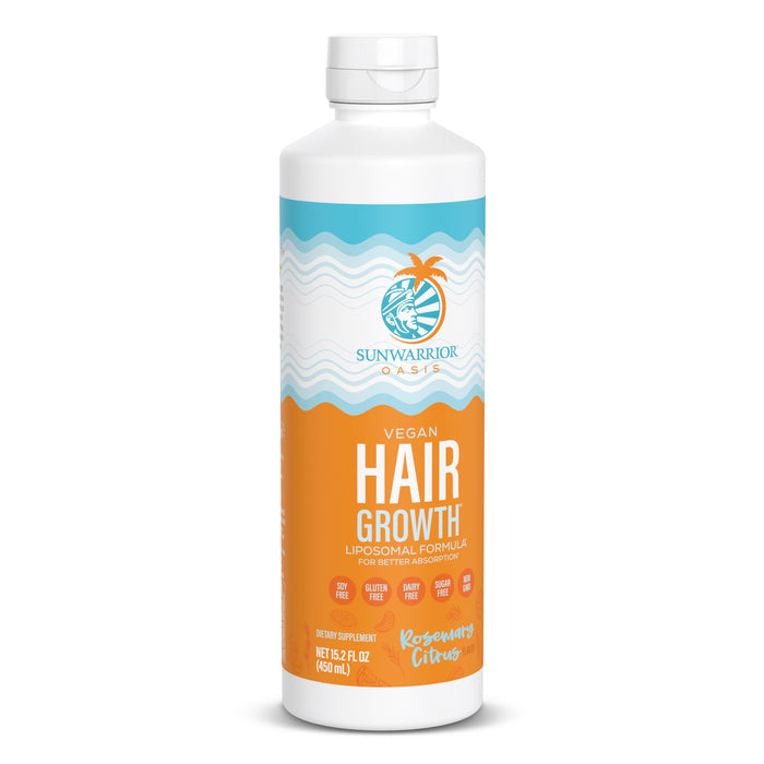 Sunwarrior Oasis vegan hair growth supplement bottle with rosemary citrus flavor and labels visible