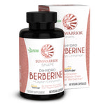 Black bottle and box of vegan dietary supplement capsules labeled dihydro berberine with Ceylon cinnamon by Sunwarrior Shape.