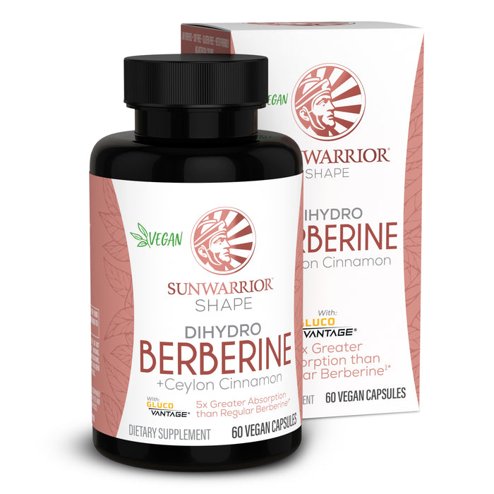 Black bottle and box of vegan dietary supplement capsules labeled dihydro berberine with Ceylon cinnamon by Sunwarrior Shape.
