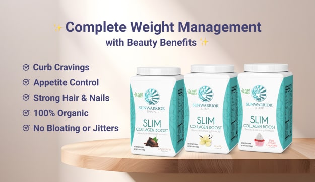 Three Sunwarrior Slim Collagen Boost containers on a wooden table with weight management benefits listed.