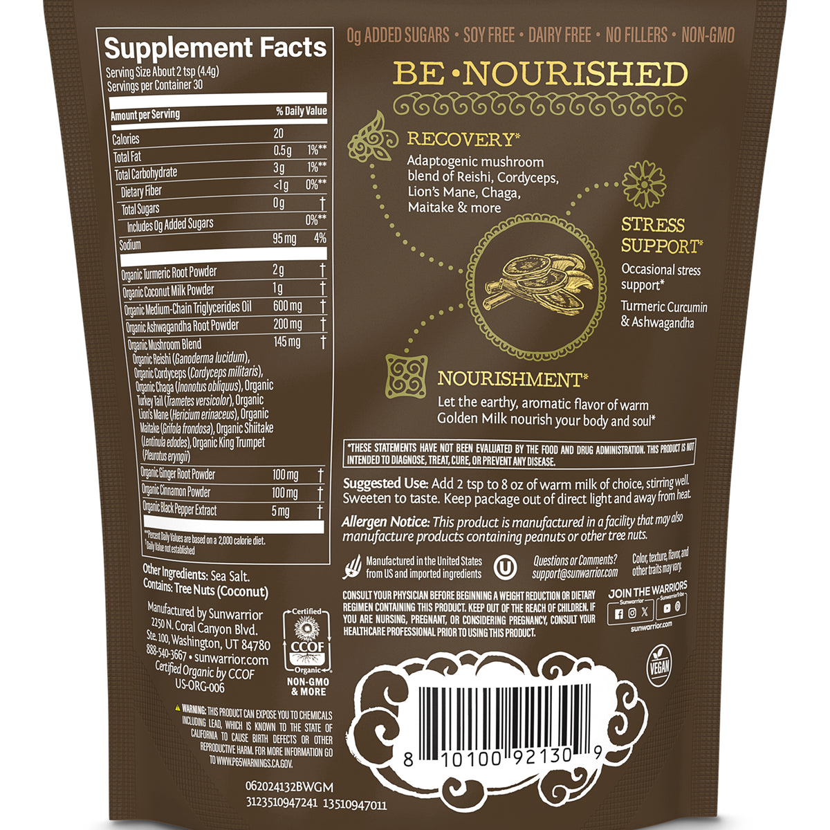 Supplement facts and benefits for a golden milk mix with adaptogenic mushrooms and stress support herbs.