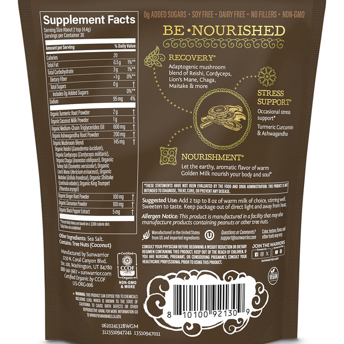 Supplement facts and benefits for a golden milk mix with adaptogenic mushrooms and stress support herbs.