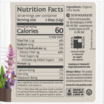 Nutrition facts and ingredients label for organic chia seeds including calories, fat, fiber, and protein content.
