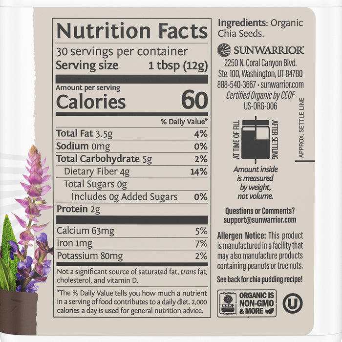 Nutrition facts and ingredients label for organic chia seeds including calories, fat, fiber, and protein content.