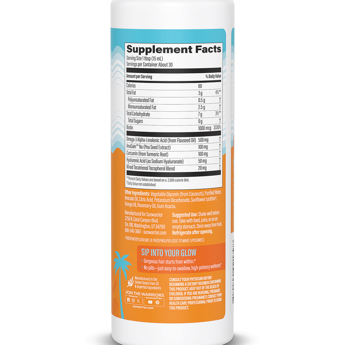 Supplement facts and ingredients label on a white bottle with orange and blue accents.