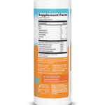 Supplement facts and ingredients label on a white bottle with orange and blue accents.