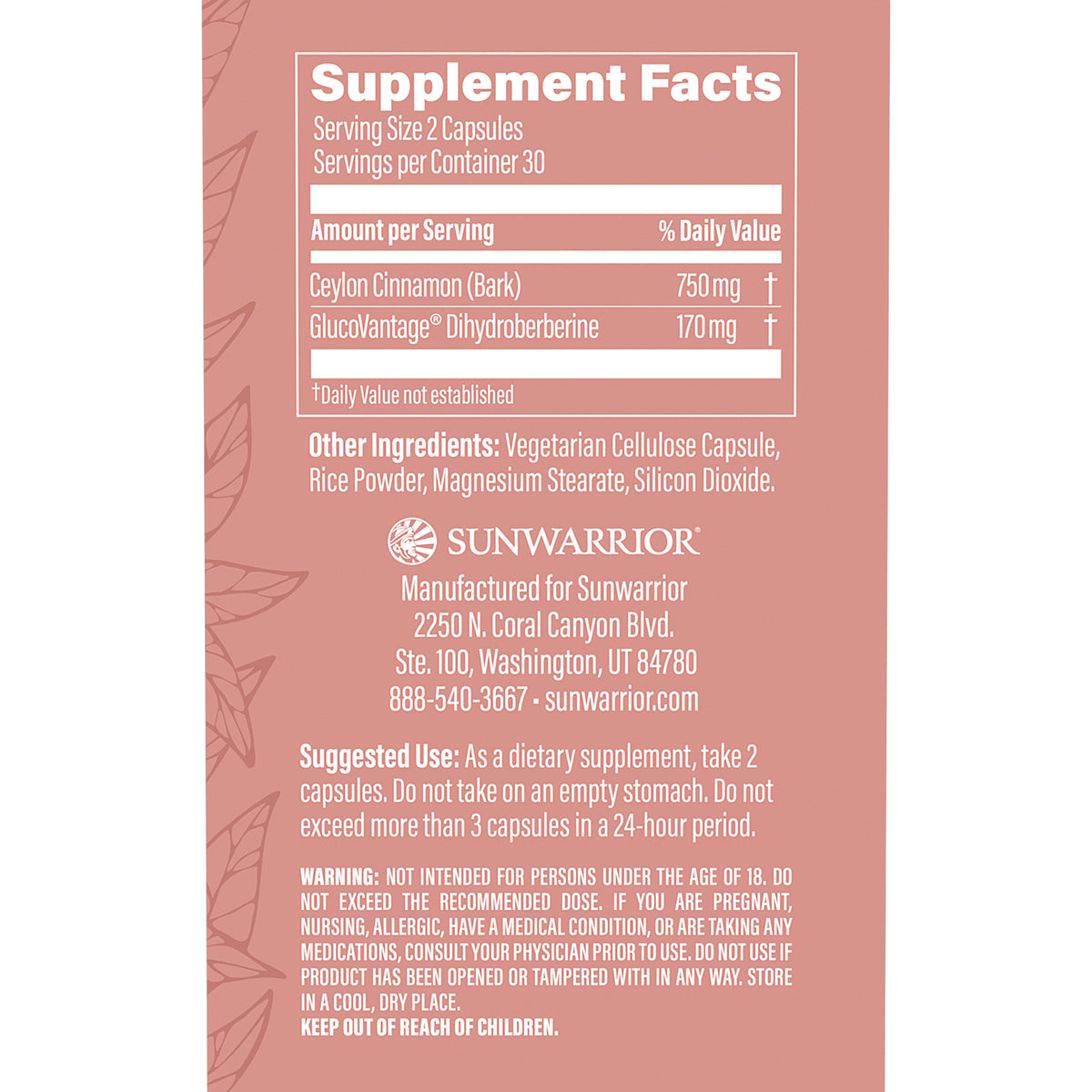 Supplement facts panel showing serving size, ingredients including cinnamon bark and dihydroberberine, and usage instructions.