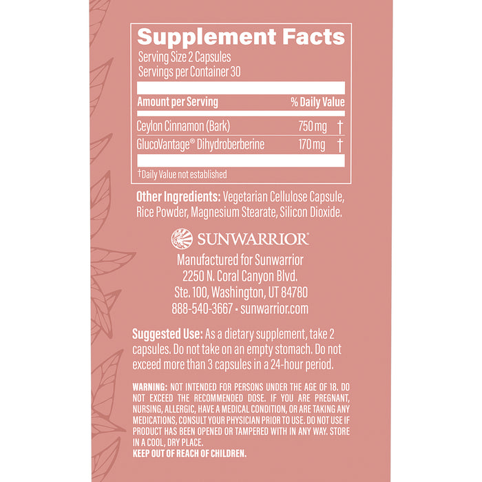 Supplement facts panel showing serving size, ingredients including cinnamon bark and dihydroberberine, and usage instructions.