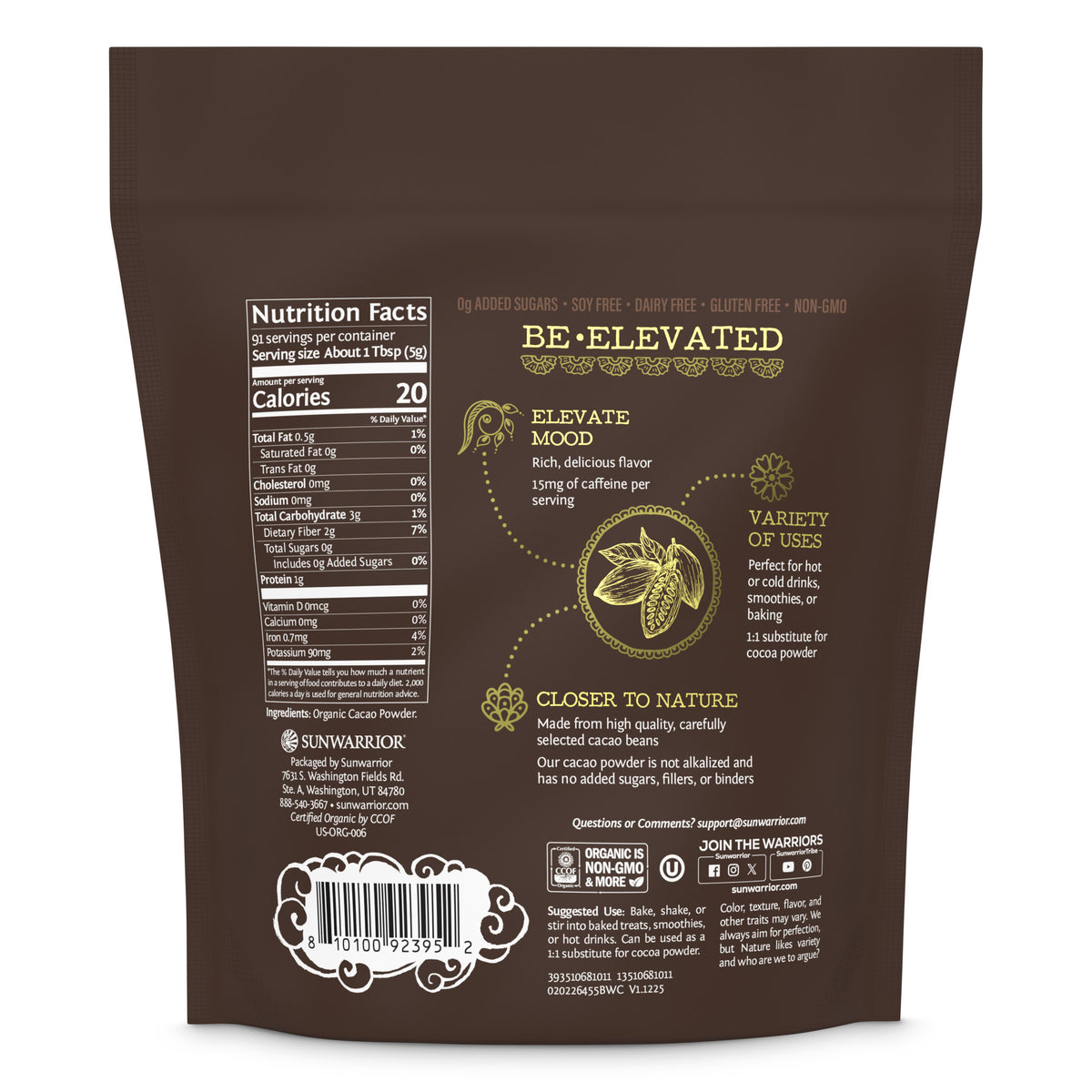Back view of Sunwarrior Organic Cacao powder nutritional information.