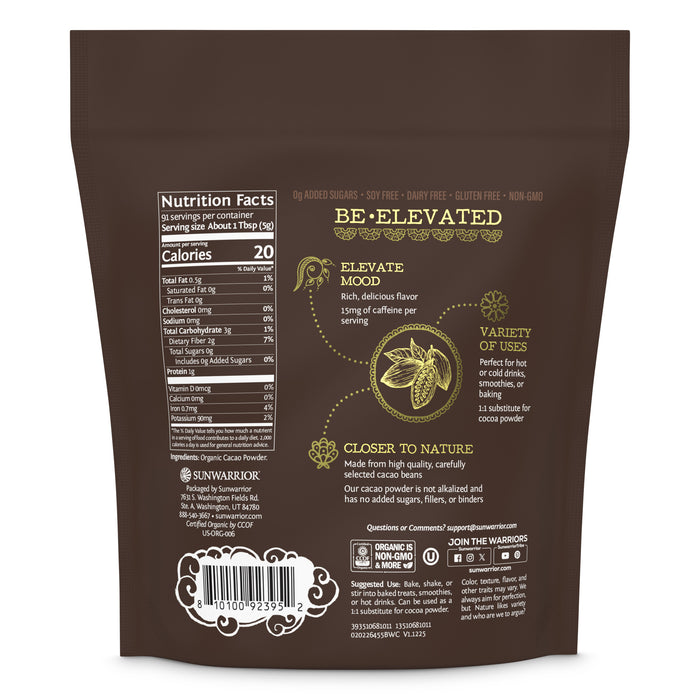 Back view of Sunwarrior Organic Cacao powder nutritional information.