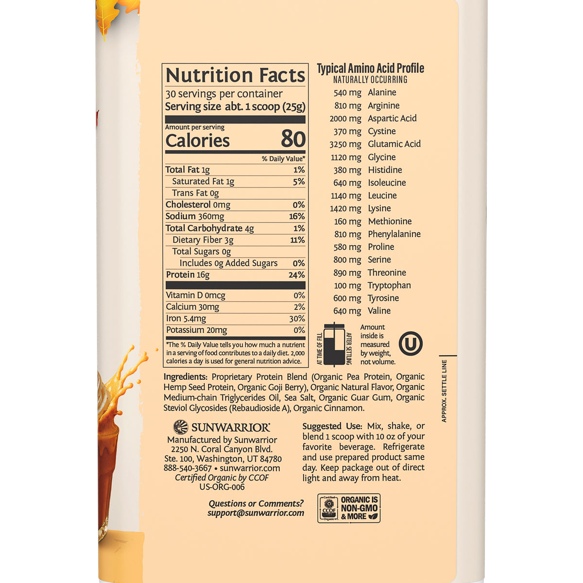 Nutrition facts and amino acid profile label on a beige container with orange splash design background.