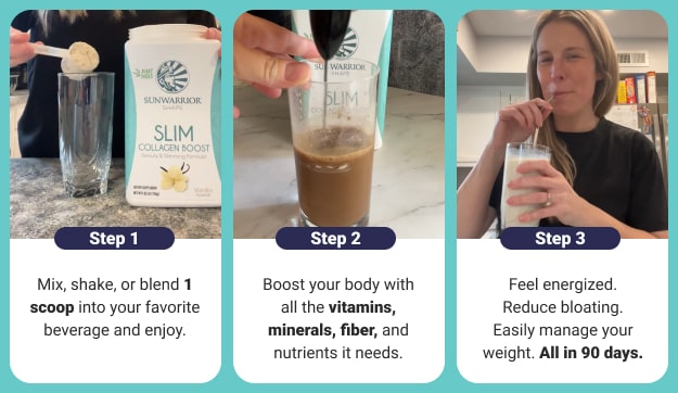 Three-step guide showing mixing, stirring, and drinking a collagen boost beverage for wellness benefits.