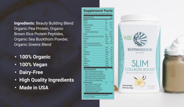 Sunwarrior Slim Collagen Boost container with supplement facts, ingredients, and whipped drink nearby