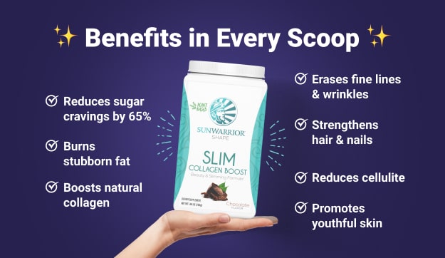Hand holding Sunwarrior Slim Collagen Boost container with benefits listed around it on purple background
