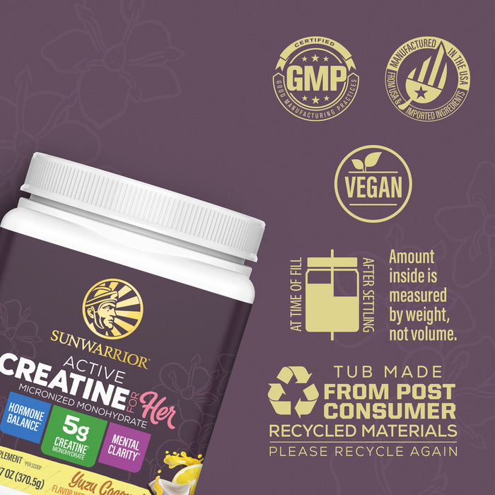 Container of Sunwarrior Active Creatine for Her with certification and recycling icons on purple background