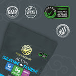 Sunwarrior Active Creatine plus Taurine packaging with certification badges for vegan and GMP standards.