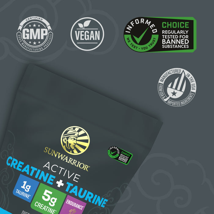 Sunwarrior Active Creatine plus Taurine packaging with certification badges for vegan and GMP standards.
