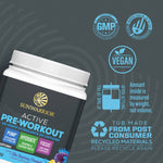 Sunwarrior Active Pre-Workout container with labels highlighting no added stimulants or caffeine, pump, hydrate, and focus benefits, alongside icons for GMP certification, vegan, made from recycled materials, and measurement details.