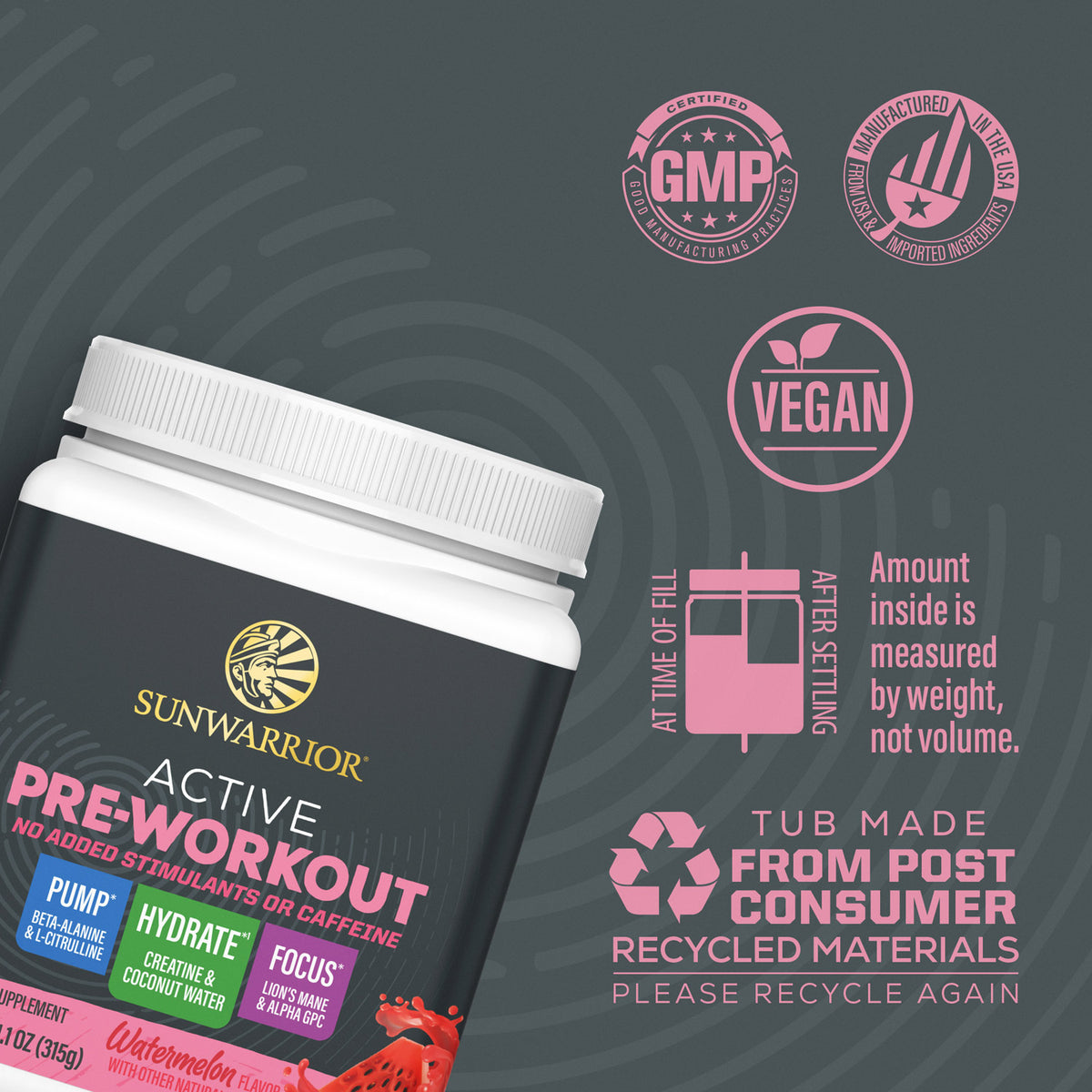 Sunwarrior Active Pre-Workout container with watermelon flavor label, accompanied by icons indicating GMP certification, vegan, no added stimulants or caffeine, hydration and focus benefits, and information about post-consumer recycled tub materials and recycling instructions.