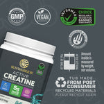 Container of Sunwarrior Active Creatine with certification and recycling icons on a gray background