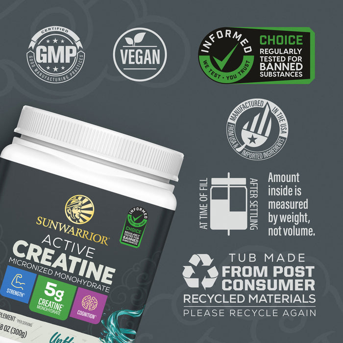 Container of Sunwarrior Active Creatine with certification and recycling icons on a gray background