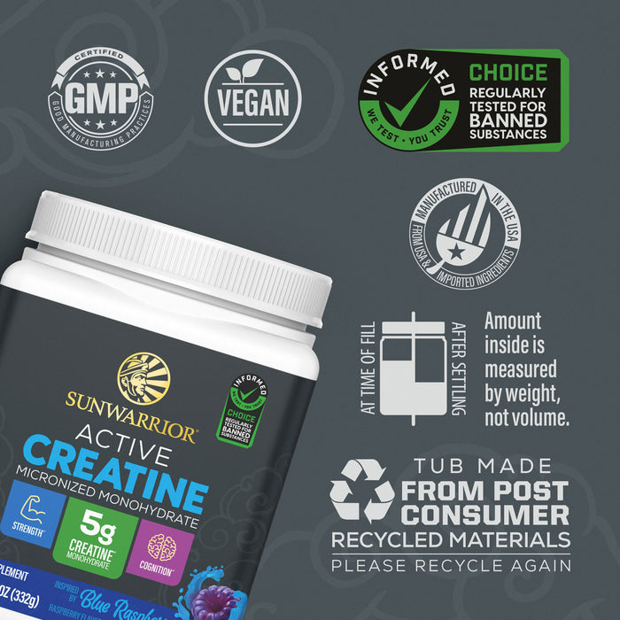 Sunwarrior creatine container with certifications for vegan, GMP, banned substances testing, and recycled packaging details.