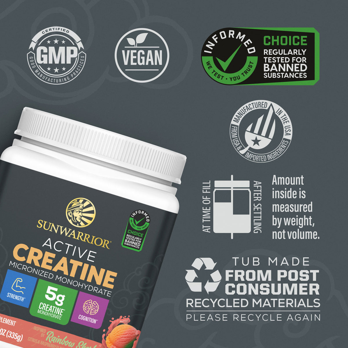 Sunwarrior Active Creatine container with certification logos and recycling information on gray background