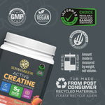 Sunwarrior Active Creatine container with certification logos and recycling information on gray background