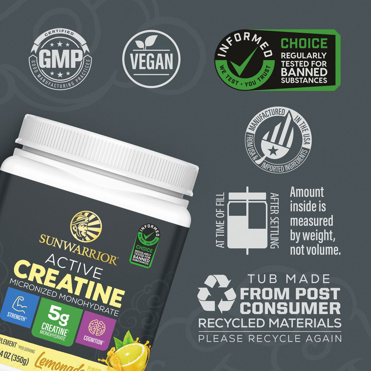 Sunwarrior Active Creatine container with certification icons for GMP, vegan, and tested banned substances