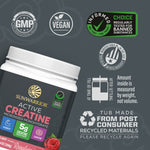 Sunwarrior Active Creatine container with certification icons for vegan, GMP, tested, and recycled materials label