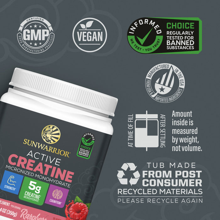 Sunwarrior Active Creatine container with certification icons for vegan, GMP, tested, and recycled materials label