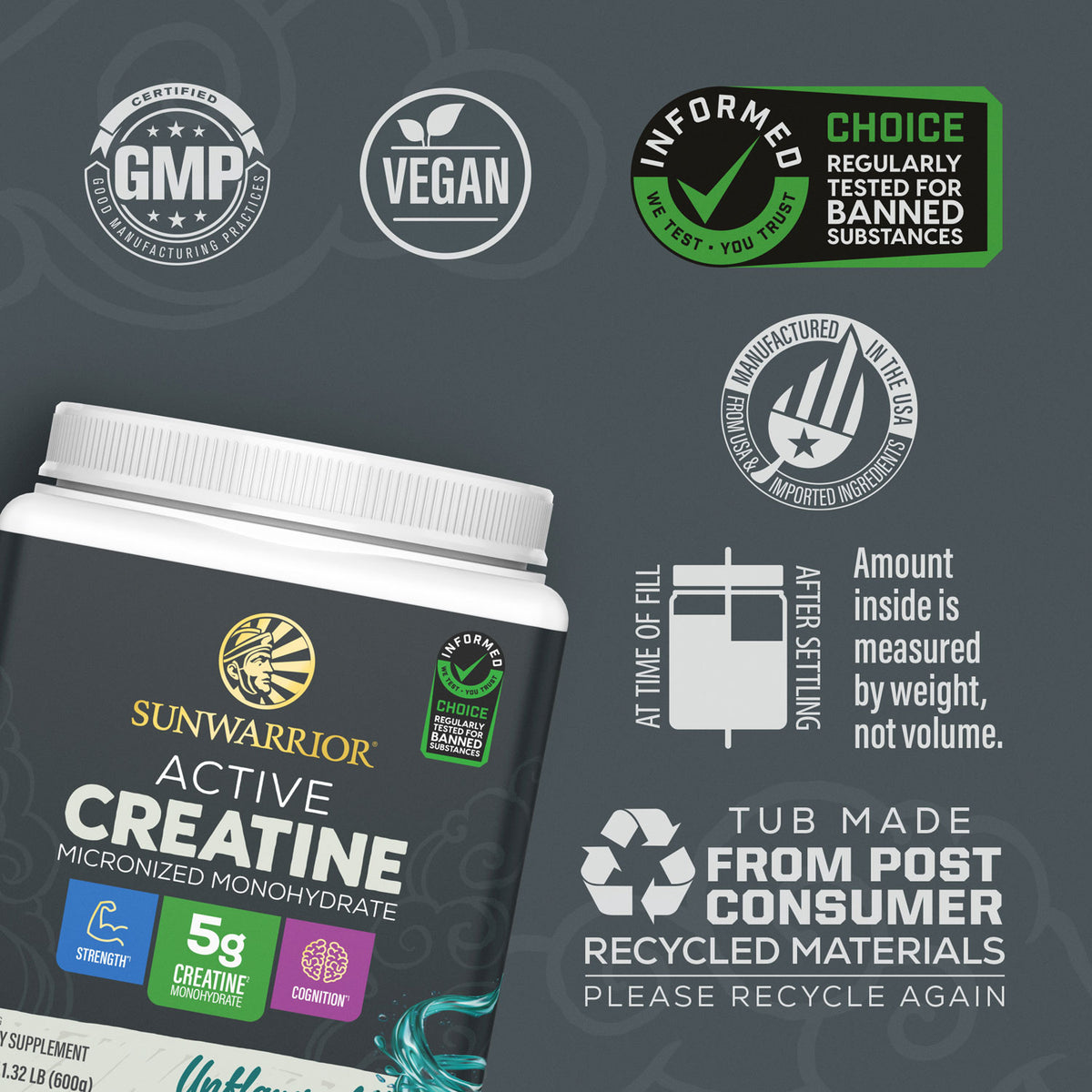Container of micronized creatine with certification logos and recycling information displayed.