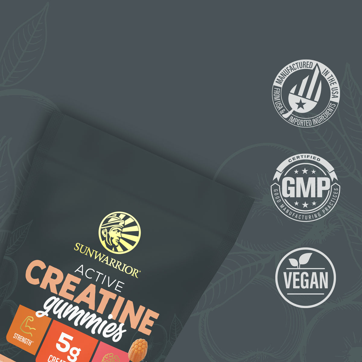 Sunwarrior creatine gummies package with labels for made in USA, GMP certified, and vegan icons.