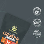 Sunwarrior creatine gummies package with labels for made in USA, GMP certified, and vegan icons.