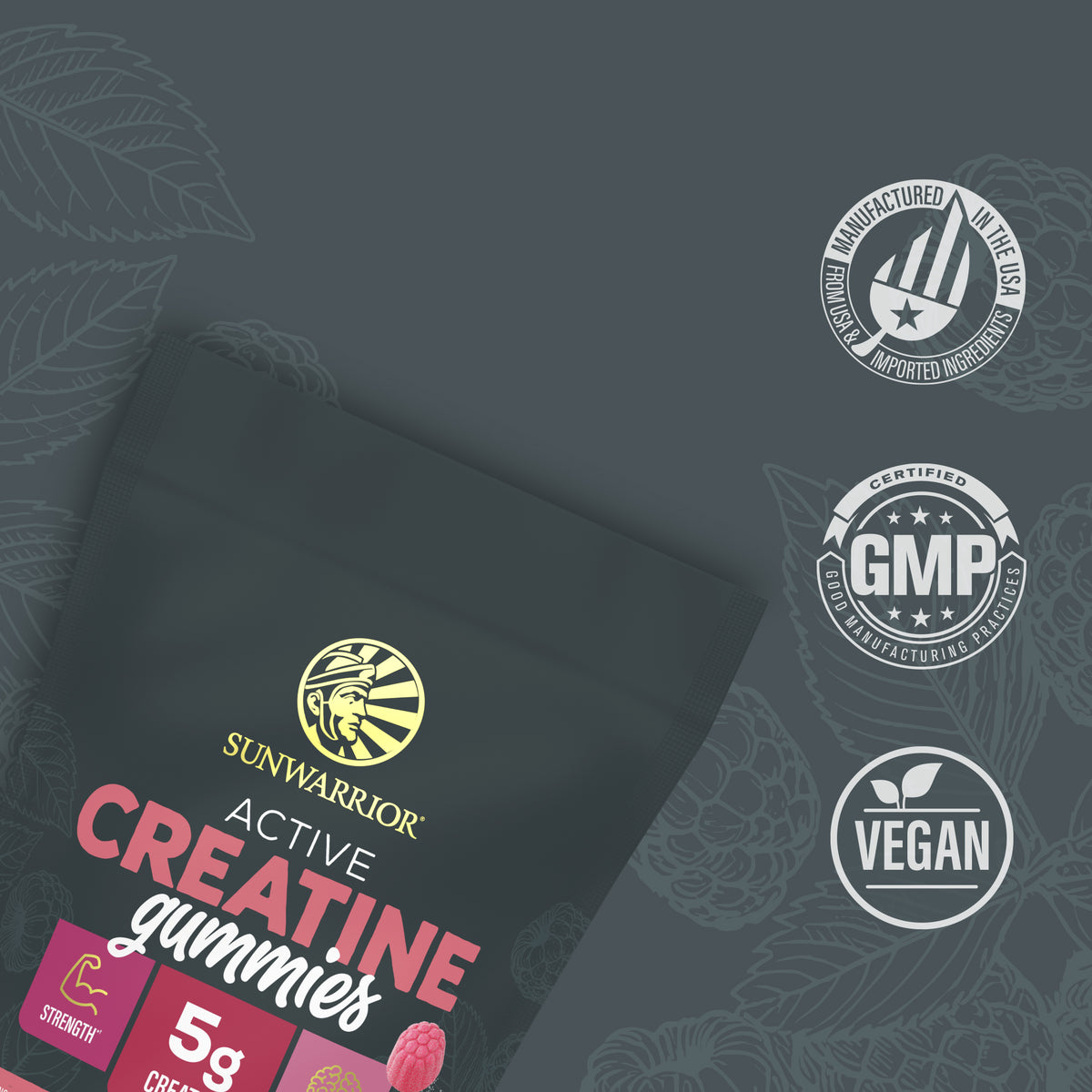 Partial view of Sunwarrior creatine gummies packaging with strength, GMP, vegan, and made in USA icons