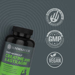 Black bottle of Sunwarrior Creatine 3000 and Astragin supplement with three certification icons for manufactured in the USA, GMP certified, and vegan on a dark gray background.