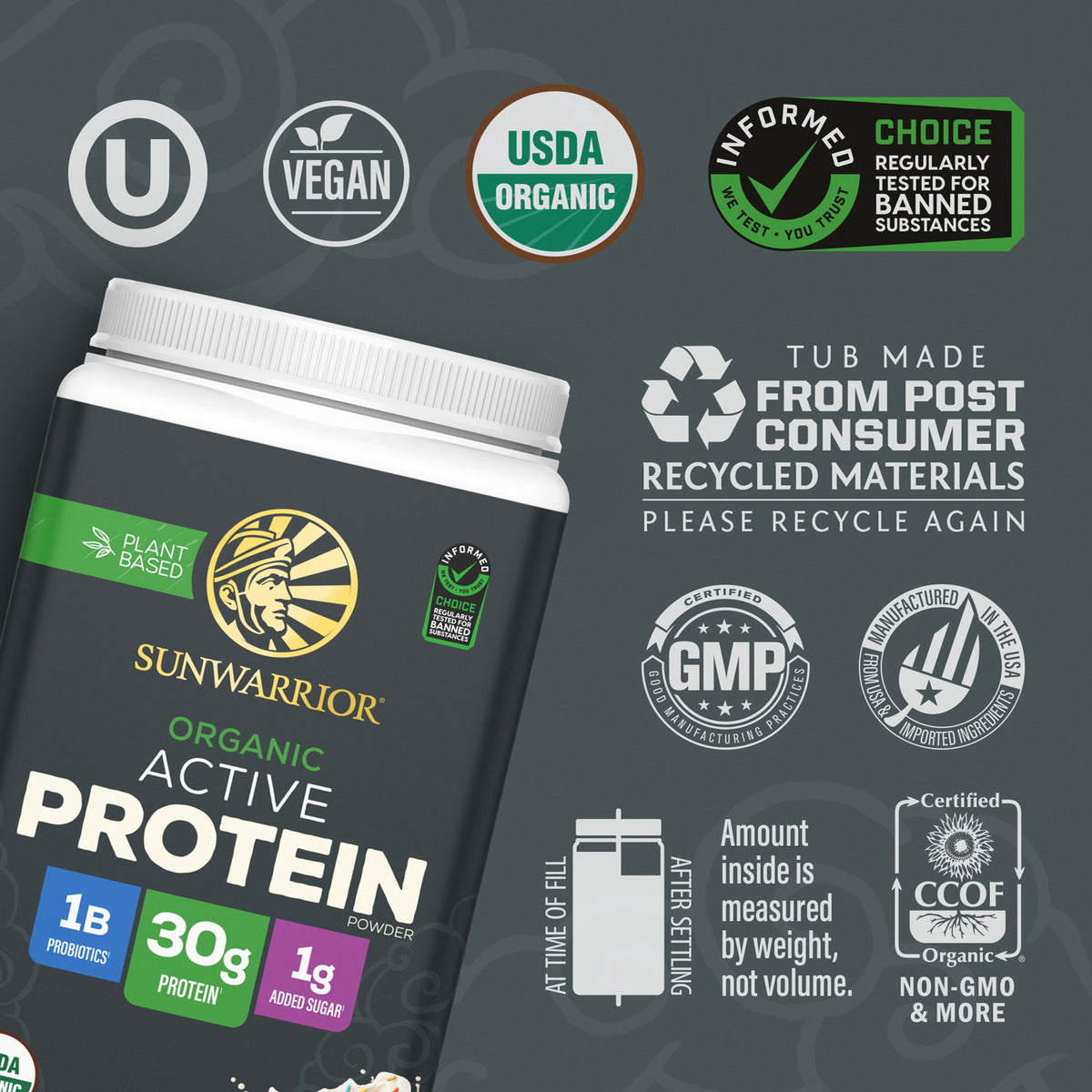 Sunwarrior Organic Active Protein powder container with various certifications and recycling information.