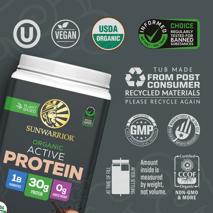 Sunwarrior organic active protein powder container with certification and recycling icons on dark background