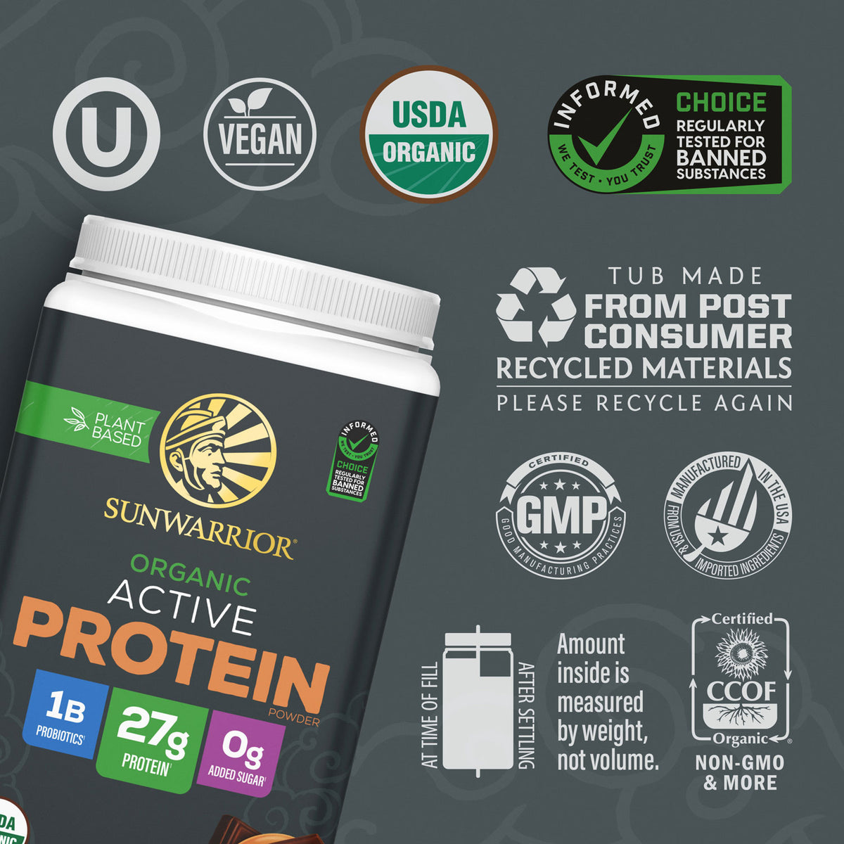 Sunwarrior organic active plant-based protein powder container with certification and recycling icons