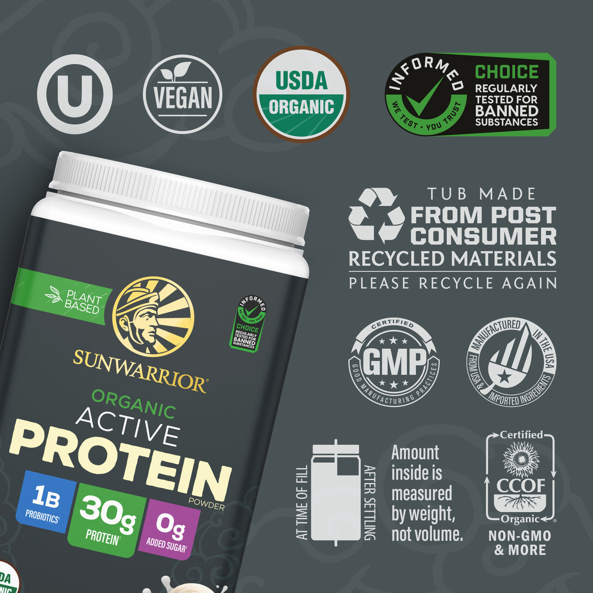 Container of Sunwarrior organic active protein powder with multiple certification icons and recycling information