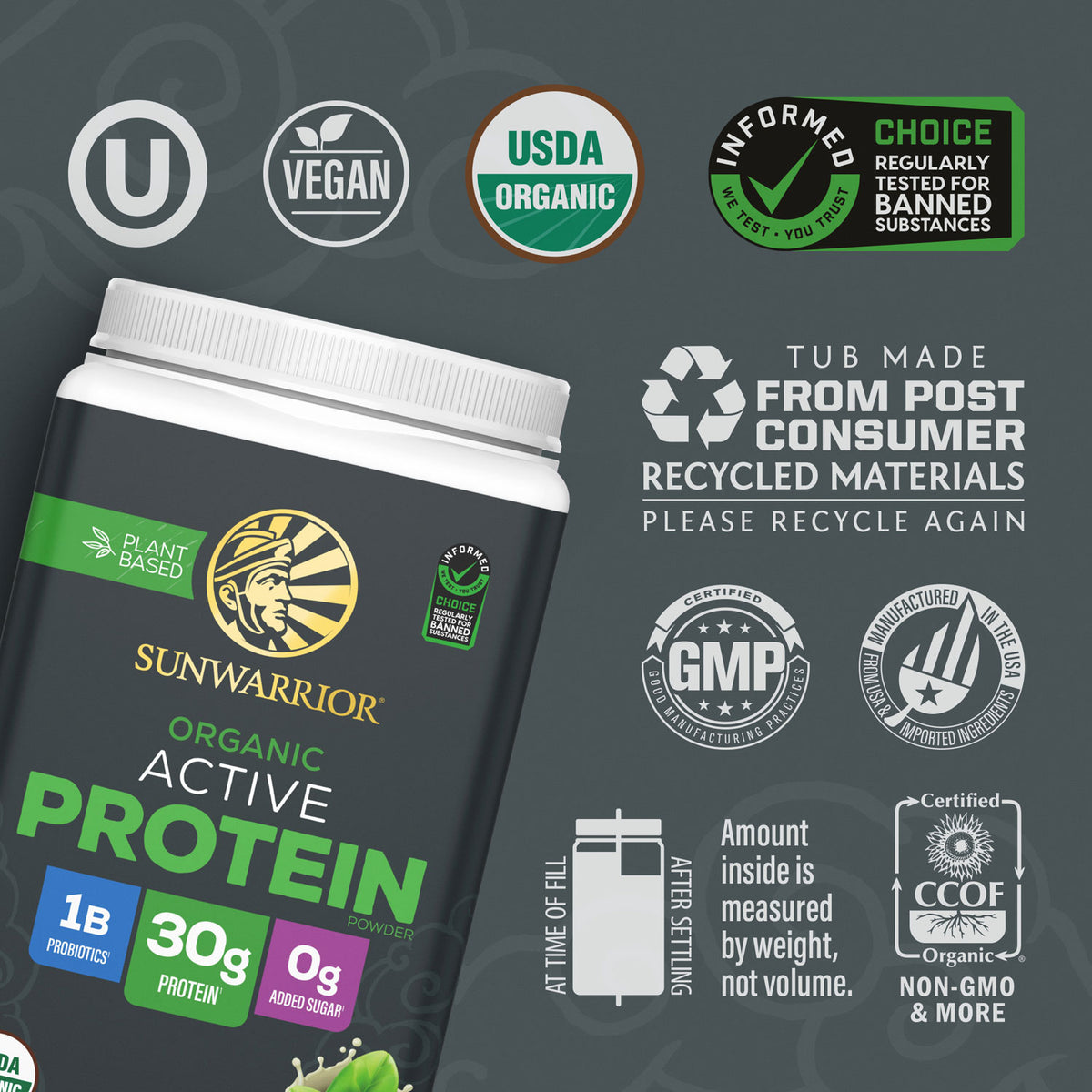 Container of Sunwarrior organic active protein powder with certification and recycling icons on gray background