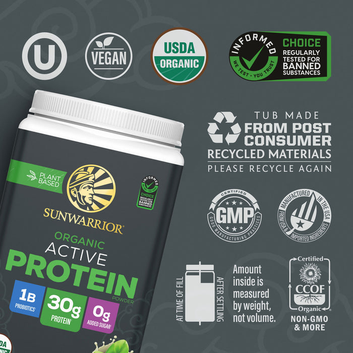 Container of Sunwarrior organic active protein powder with certification and recycling icons on gray background